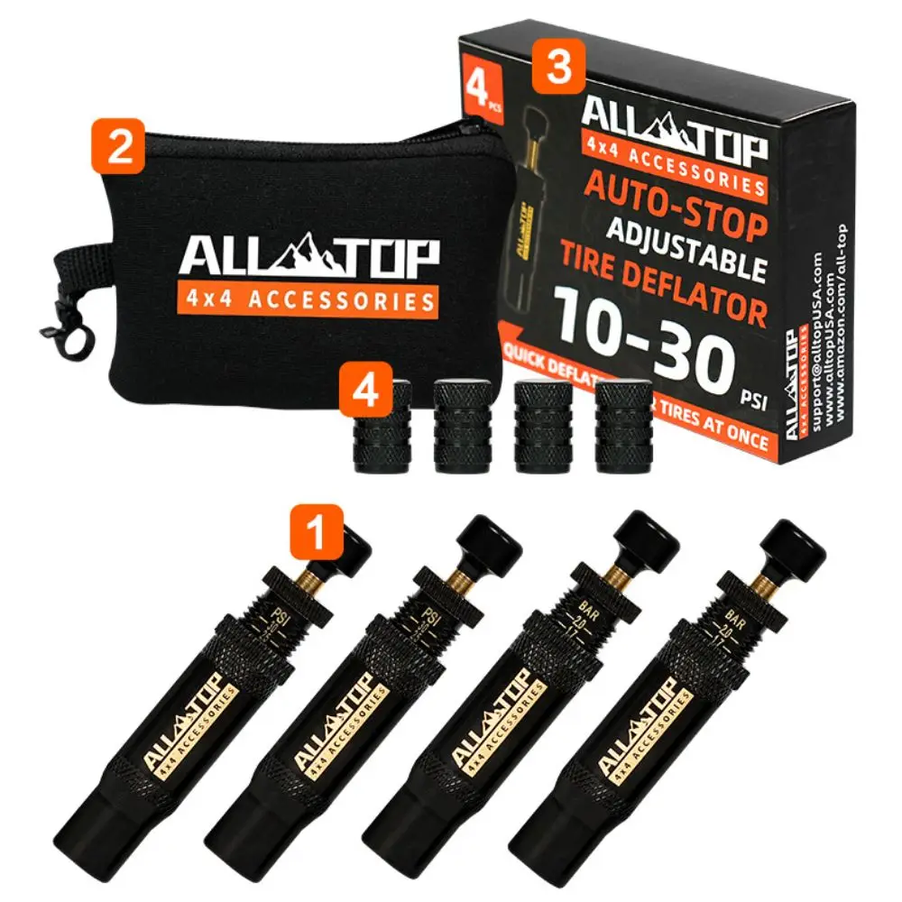 4 PCS Adjustable Auto-Stop Tyre Deflator Valve Kit (10-30 PSI
