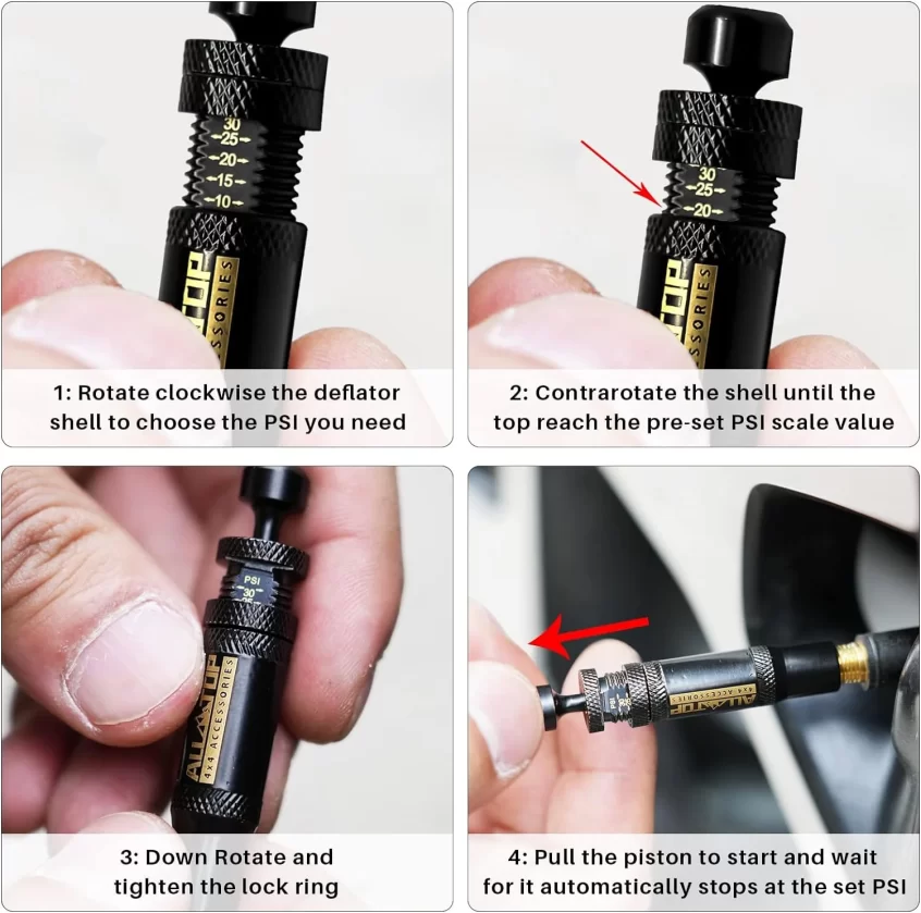 4 PCS Adjustable Auto-Stop Tyre Deflator Valve Kit (10-30 PSI